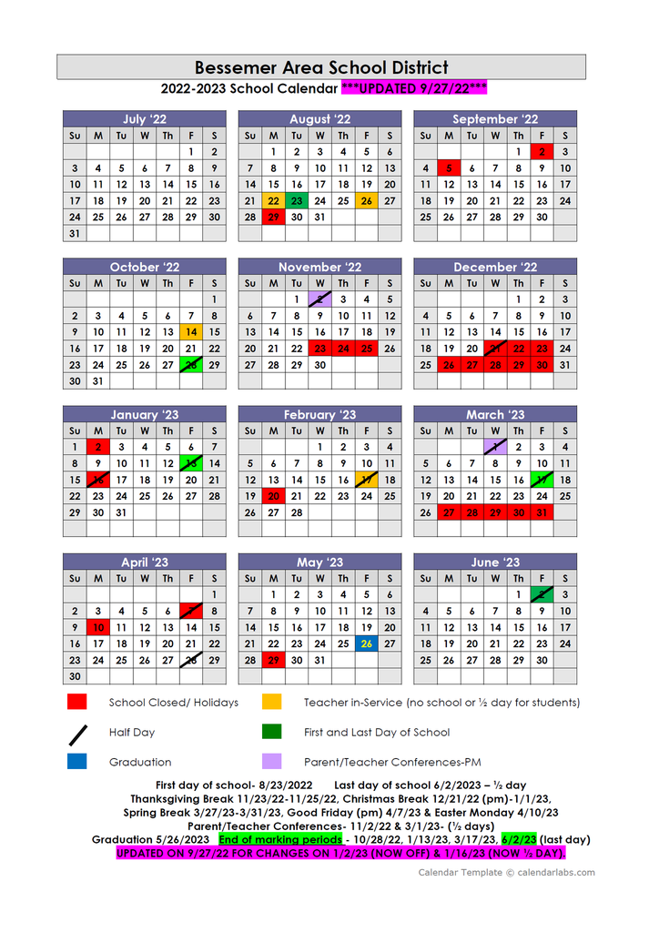Due to a change in required days of instruction, we have had to change our District Calendar.   Please note that students and staff will now be off on Monday, January 2, 2023, extending our Christmas/Winter Break by one day. Because of this added day off, we had to find another day that we could be in session to still meet State requirements, so students will now have a half day of school on Monday, January 16, 2023, instead of having that day off.  We apologize for any inconvenience. 