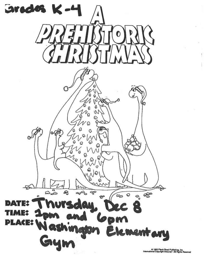 Flyer with dinosaurs & christmas tree, advertising school holiday program.