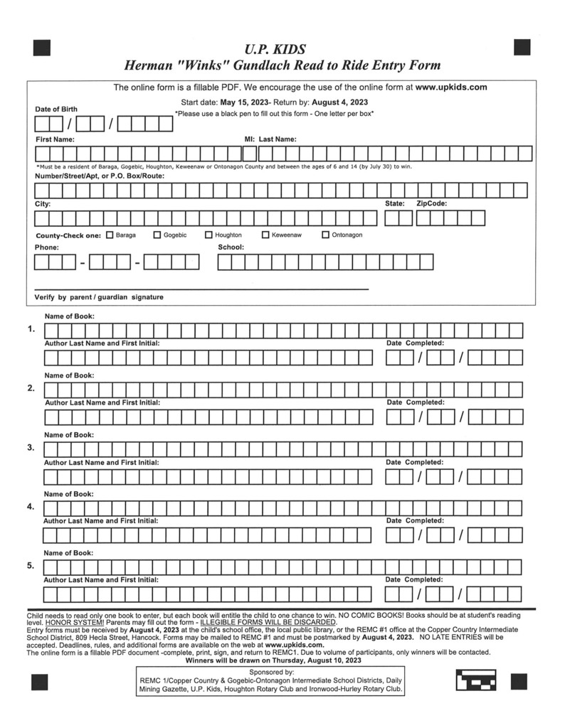 Entry Form for Read to Ride Program