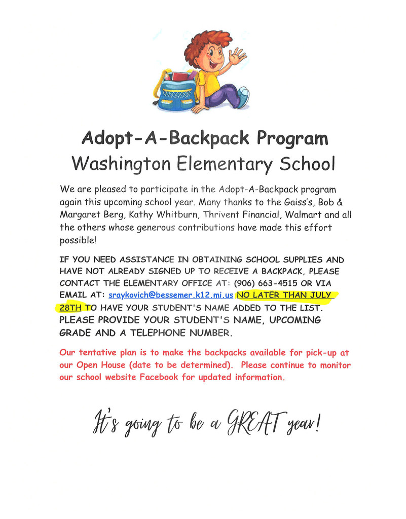 flyer regarding backpack program