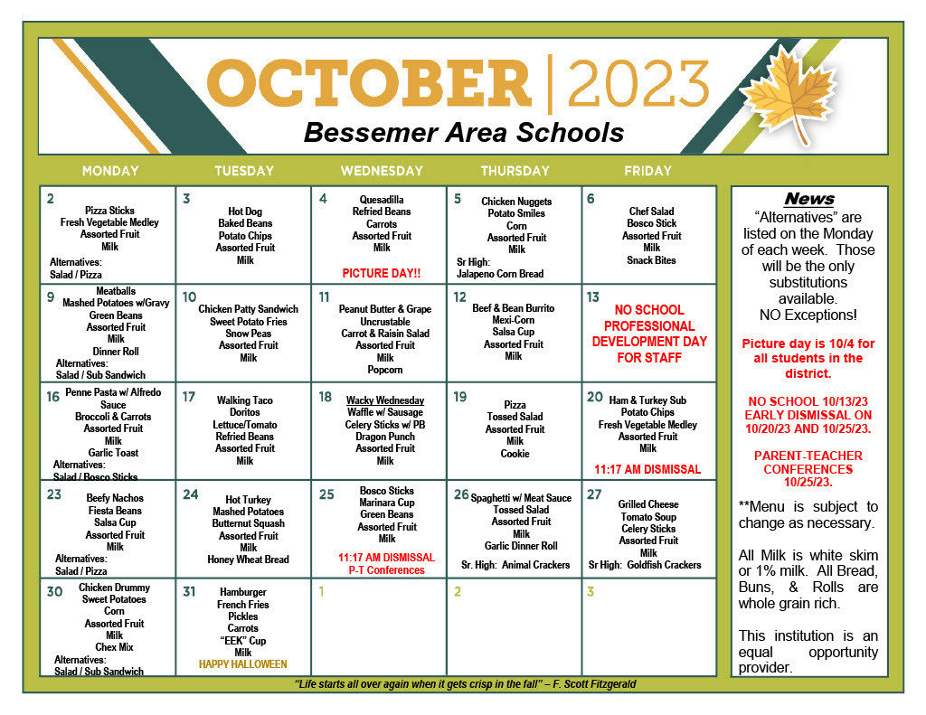 October Lunch Menu for Bessemer Area Schools.